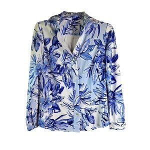 Kenny Dana L/S Button Down‎ Shirt Tropical Flower Blue Tonal Sz XS UPF50 NWT